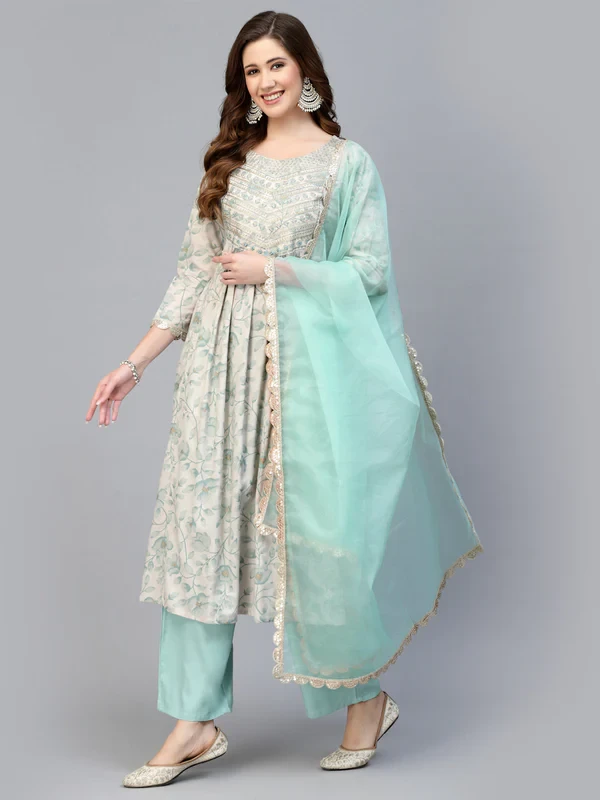 RAYON PRINTED ANARKALI KURTA WITH PANTS & DUPATTA